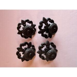 Set Of 4 Cast Iron French Fleur Drawer Cabinet Door Pull Knob Back Plate
